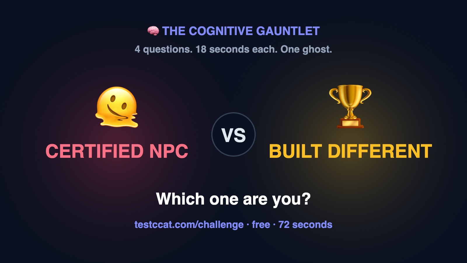 CERTIFIED NPC versus BUILT DIFFERENT: the Cognitive Gauntlet's two extreme tiers facing off, with the tagline Which one are you?