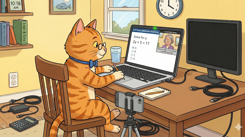 Cartoon of an orange tabby cat sitting at a home desk taking a proctored test on a laptop, with a webcam view on screen and a desktop monitor beside it